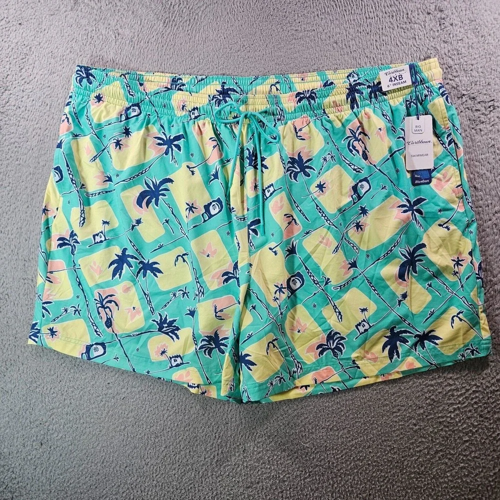 NWT Caribbean Swim Shorts Trunks Men's 4XB Lined‎ Zip Pocket Palm Tree Pineapple